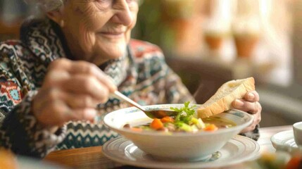 Elderly woman enjoying a warm bowl of vegetable soup paired with fresh bread in a cozy setting.