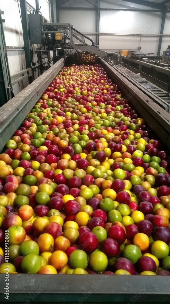 Poster a conveyor belt filled with various types of apples in a processing facility.