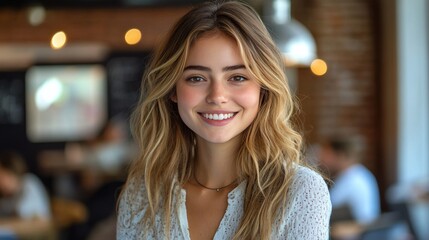 Obraz premium Smiling young woman in a cozy cafe with soft lighting and rustic decor