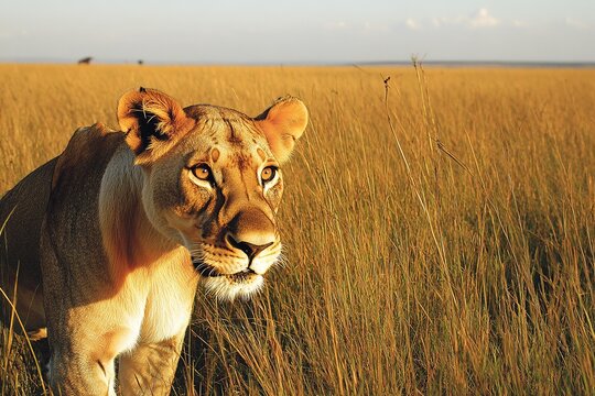 Majestic lioness gazes into distance, surrounded by golden savan