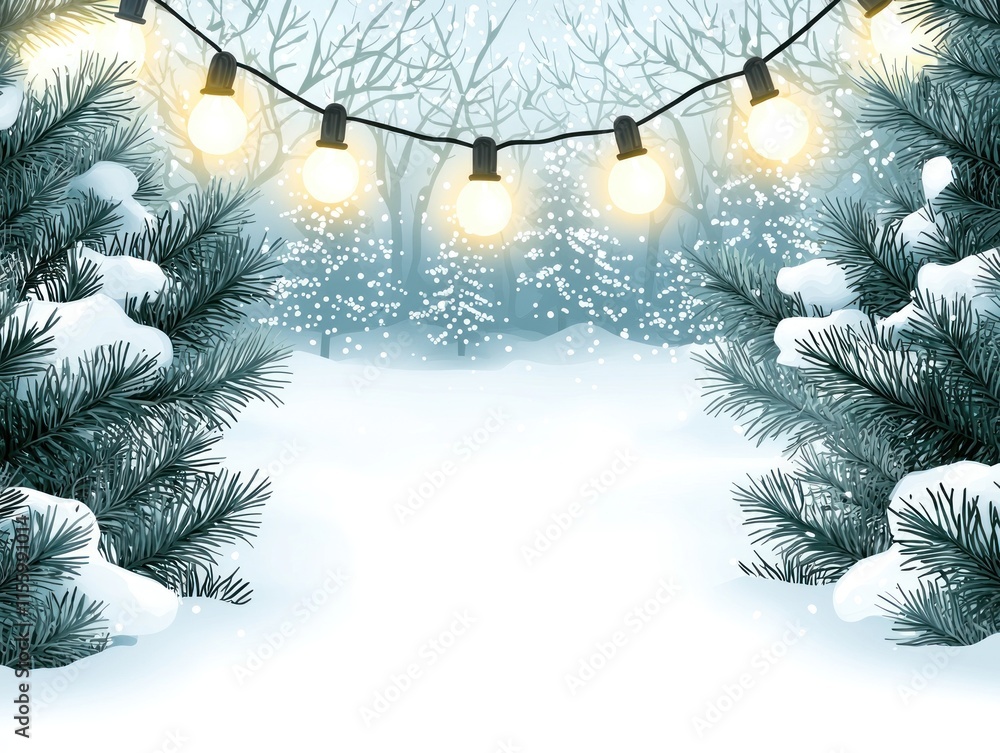 Poster snowy winter scene with string lights and pine trees.