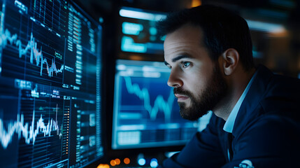 Business Analyst Reviewing Financial Data: Stock Market Trends on Blue Charts