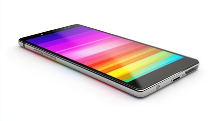 A smartphone with a sleek design and colorful screen on white isolated background