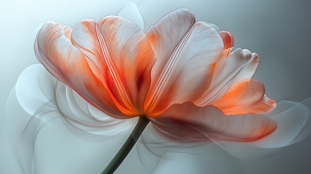 an orange tulip on a white background, with blurry details, a dreamy and prismatic image, chromatic aberration