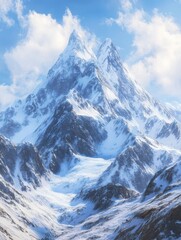 Fototapeta premium Travel, adventure, trekking, hiking and extreme sport concept. Amazing scenic landscape of splendid ancient mountains with white craggy peaks covered with snow and ice on cold sunny winter day