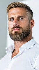 Obraz premium A man with a beard wearing a white shirt