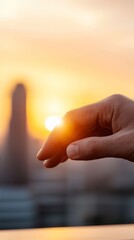 A person's hand reaching out to the sun