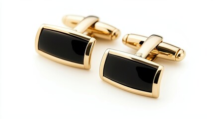 A pair of gold cufflinks with a classic design on a white isolated background
