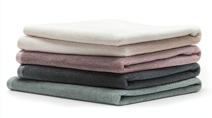 A stack of folded towels in pastel colors on a white isolated background