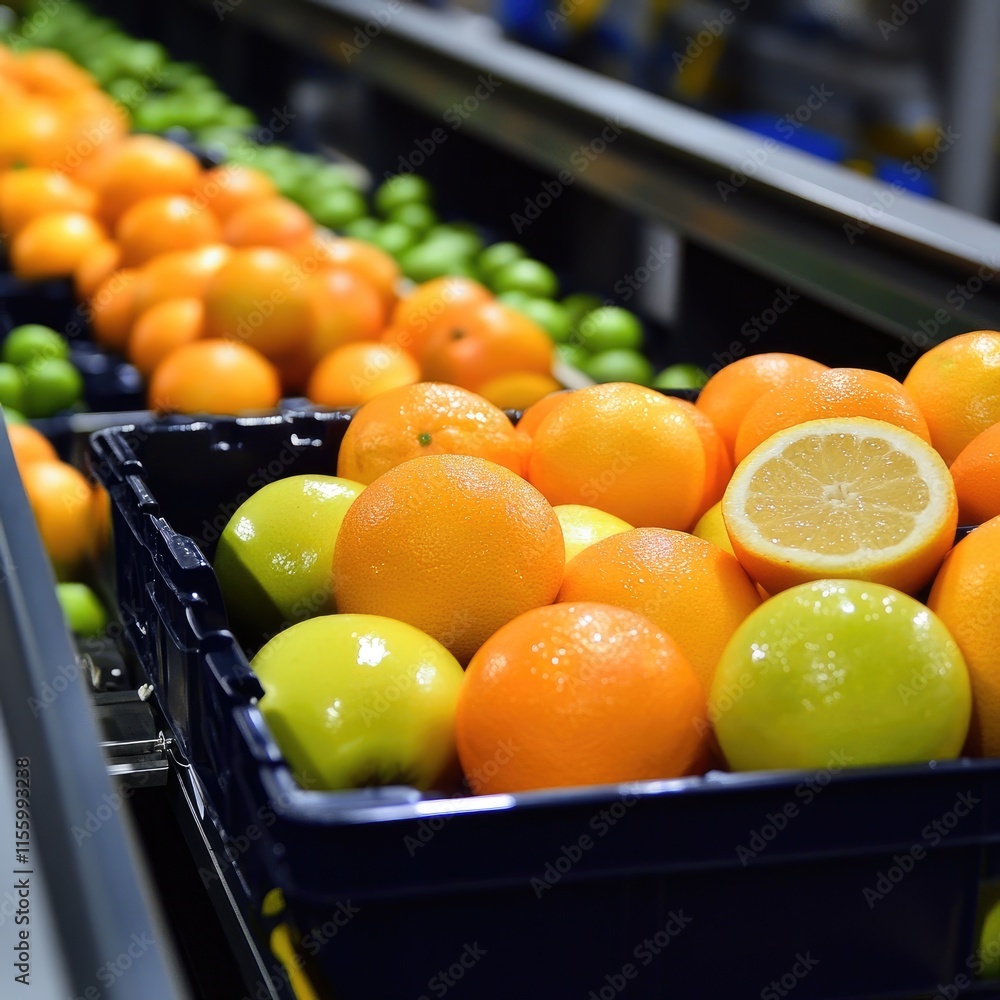 Poster a vibrant display of oranges and limes in a production line for fruit processing.