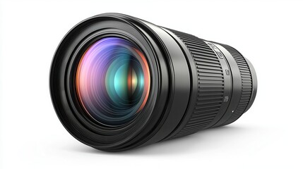 A camera lens with a shiny metal body on a white isolated background