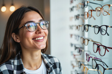 Happy woman trying on glasses while looking at a display in an optical store