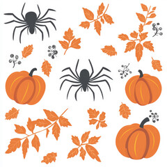 Festive Autumn Illustration Featuring Pumpkins, Spiders, and Colorful Leaves for Halloween and Fall Decor, Perfect for Seasonal Designs and Crafts