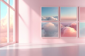 Fototapeta premium Bright and Airy Interior Space with Soft Cloud Art on Wall and Large Windows Allowing Natural Light to Stream In