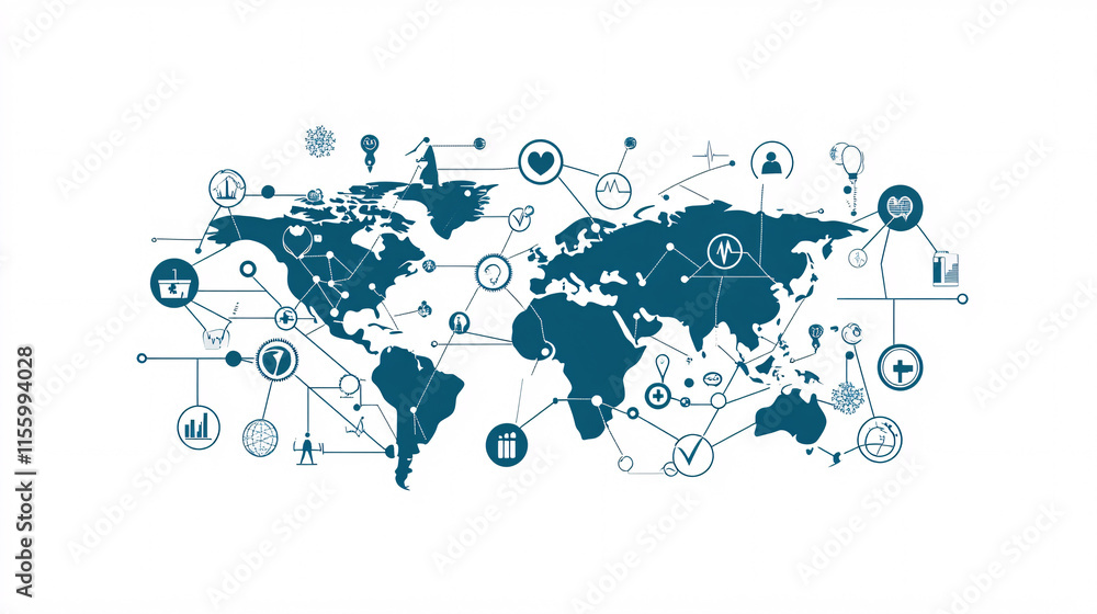 Poster a digital world map featuring interconnected business finance and technology icons representing glob