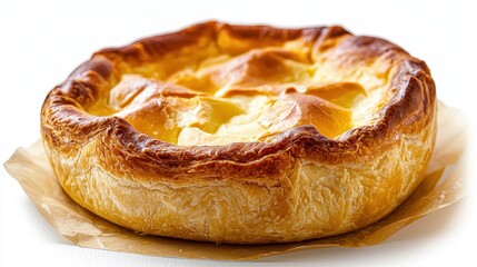A delicious homemade pie with a golden crust on a white isolated background