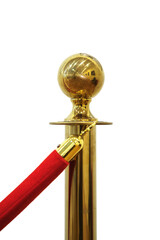 Close up of a detail of  golden barrier with red rope line, isolated on a white background