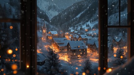 Fototapeta premium A cozy mountain village view through a snowy window with warm lights creating a serene and picturesque winter scene