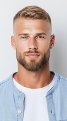 Obraz premium A man with a beard wearing a blue shirt