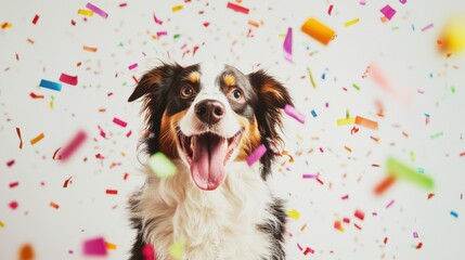 Australian Shepherd celebrating 2025. Featuring a lively party scene with streamers and confetti