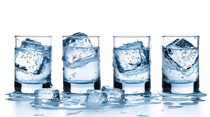 A glass of water with ice cubes on a white isolated background