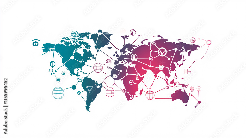 Poster a tech-inspired world map with vibrant purple and teal nodes connected by lines representing global 