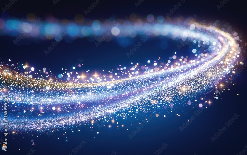 Poster sparkling light trails swirl in a circular motion on a dark background.