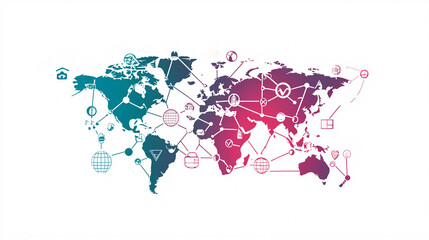 Obraz premium a tech-inspired world map with vibrant purple and teal nodes connected by lines representing global networks on white 