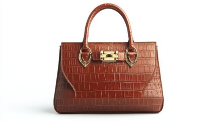 A high-end leather handbag with gold hardware on a white isolated background