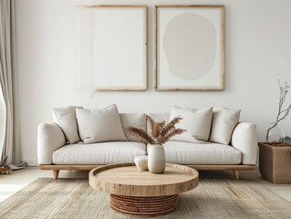 Scandinavian Minimalist Living Room Interior with Beige Sofa and Wooden Coffee Table against White Wall