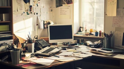 Messy and cluttered office desk with copy space 