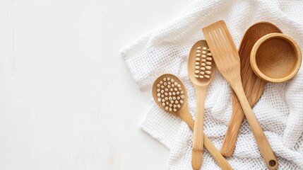 A set of bamboo kitchen utensils on a white isolated background