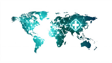 Obraz premium a futuristic world map design with glowing blue network connections and a medical cross symbol on a white background 