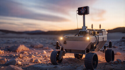 Autonomous rover exploration martian terrain ai guidance evening sky technological innovation