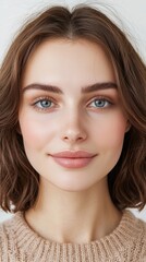 Naklejka premium a woman with brown hair and blue eyes wearing a beige sweater