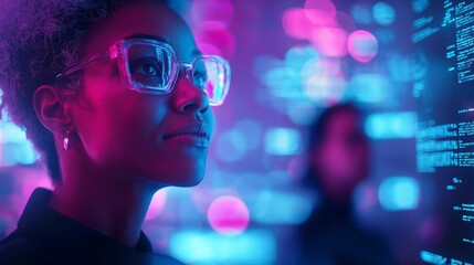 Female developer, woman collaborating on futuristic technology projects, digital screens displaying holograms and coding. The innovation, technological advancements, tech business. neon light