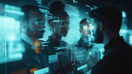 A diverse team of developers, collaborating on futuristic technology projects, digital screens displaying holograms and coding. The innovation, teamwork, technological advancements, tech business
