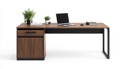 A sleek modern desk with a laptop, keyboard, and plant on a white isolated background