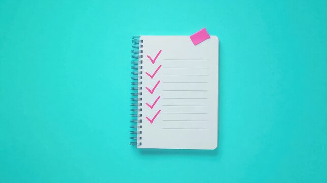 A clean to-do list notebook with checkmarks, emphasizing organization and productivity against a vibrant turquoise background.