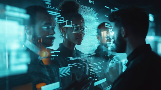 A diverse team of developers, collaborating on futuristic technology projects, digital screens displaying holograms and coding. The innovation, teamwork, technological advancements, tech business