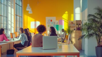 A collaborative workspace, a diverse team engaged in app development, with laptop, brainstorming people discussions creating a productive innovative atmosphere. teamwork, technology, creative project