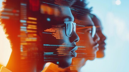 A futuristic concept of artificial intelligence and human connection represented by a profile of a young African man with glowing digital code overlay. innovation, AI, and human-tech collaboration