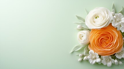 Fototapeta premium A bouquet of white and orange flowers on a green background