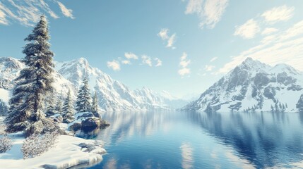 Obraz premium Crater Lake in the winter with snow covered mountains in the background