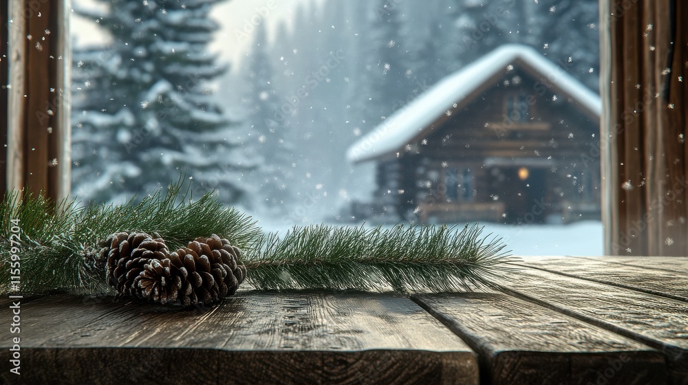 Poster a wooden table with a pine branch resting on it. the branch is green and has a few pine cones. throu