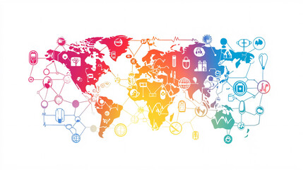 Fototapeta premium Colorful world map illustration with interconnected icons representing global networks communication and digital connectivity 