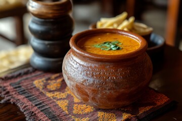 Traditional Indian Soup in a Rustic Clay Pot
