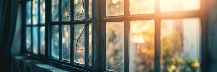 Soft Focus Window View: Blurred Architectural Background with Sunlit Garden and Textured Patterns