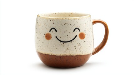 A cute ceramic coffee mug with a funny design on a white isolated background