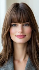 Naklejka premium A woman with long brown hair and bangs wearing a suit
